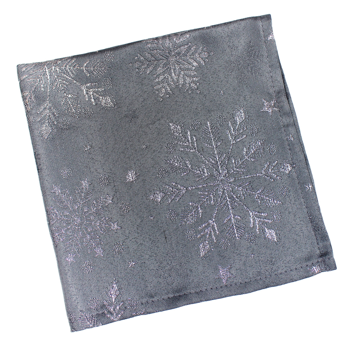 A square pewter napkin square featuring a silver glitter snowflake pattern, shown on a plain white background.