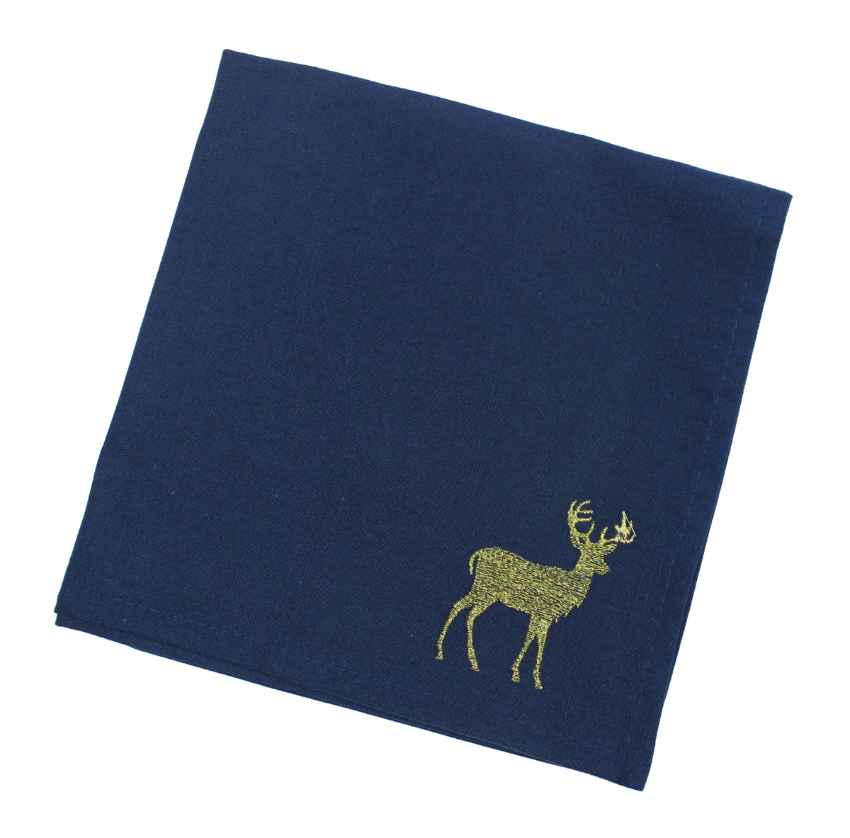 A navy blue square fabric napkin featuring an embroidered golden stag motif in the lower right corner, displayed on a clean white background.