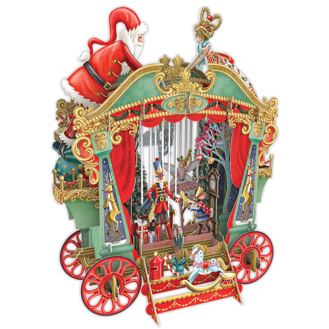 Decorative Christmas scene with Santa Claus and Nutcracker on a cart