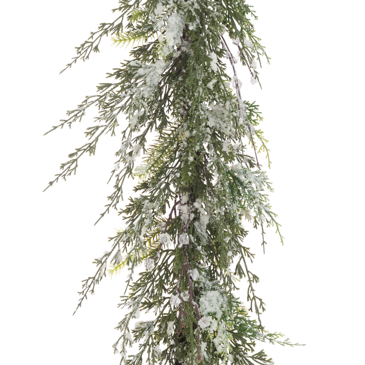 Faux Christmas garland with snow effects on a white background
