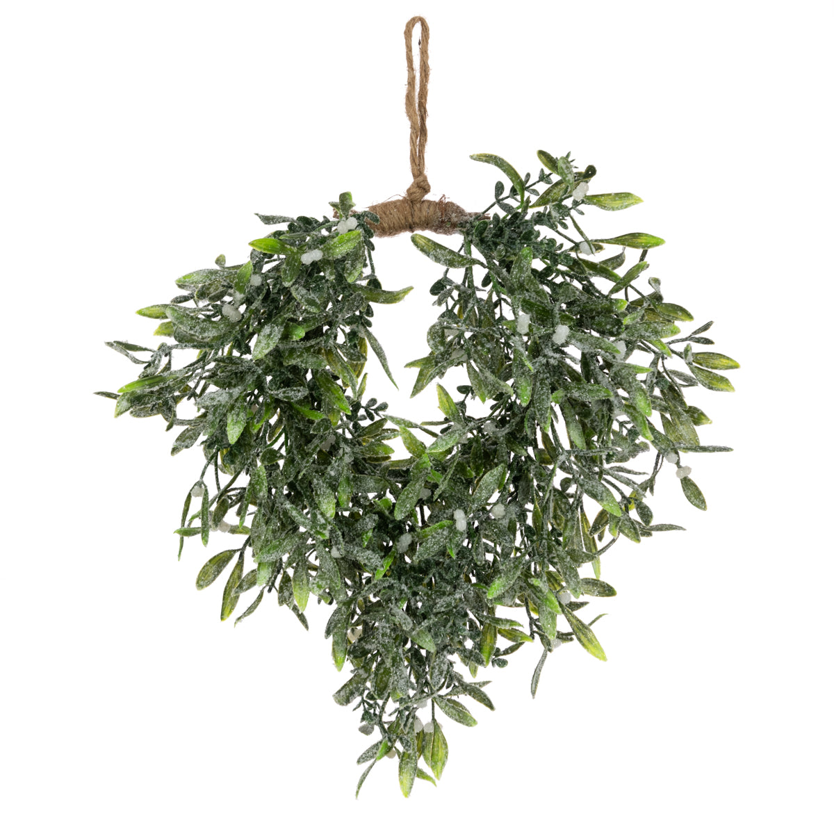 An artificial green leafy wreath with a rustic brown jute hanging loop and twine base, decorated with white snow-like dusting, shown against a plain white background.