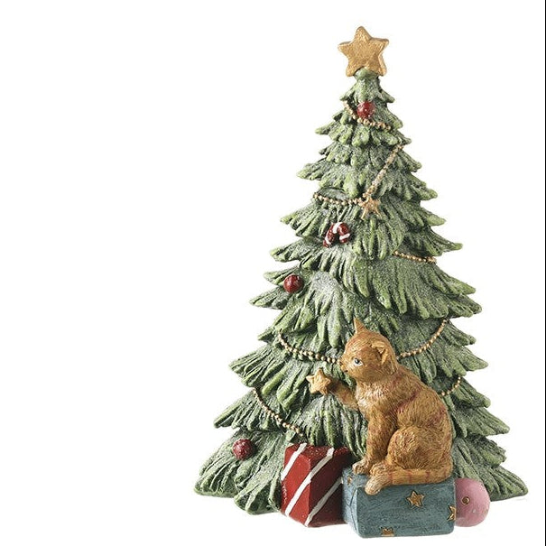 decorative Christmas tree ornament with cat and presents on a white background