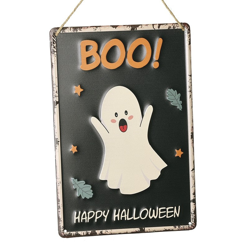 Halloween-themed sign with a ghost and 'BOO! Happy Halloween' text on a black background.