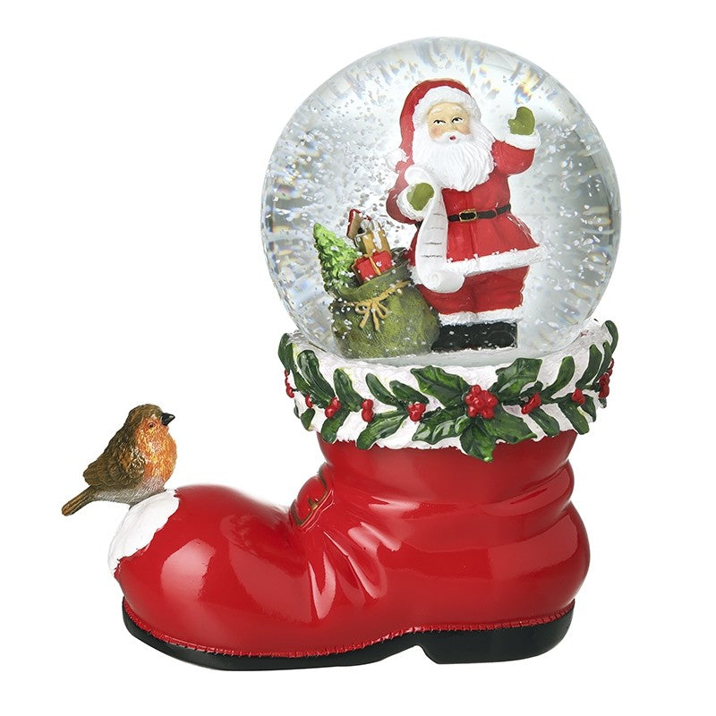 Red Santa Boot Christmas Snowglobe with Robin