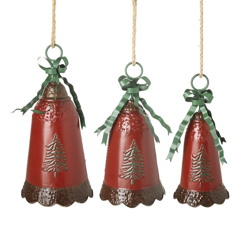 Three red bell-shaped ornaments with green ribbons on a white background