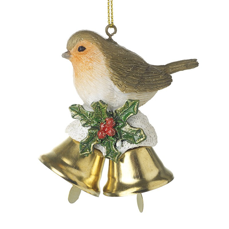 Christmas ornament of a robin with gold bells and holly leaves on a white background