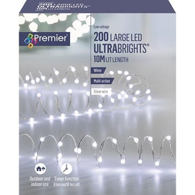Premier 200 White Large LED Ultrabrigths Pin Wire Christmas Lights