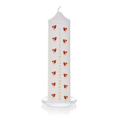Robin Christmas Advent White Candle with Glass Holder