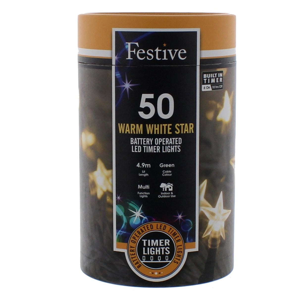 Festive 50 Warm White Star Battery Operated Christmas String Lights