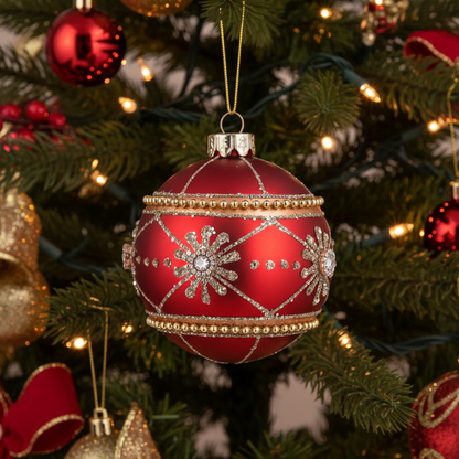 A red Christmas bauble ornament with silver glitter patterns and rhinestone snowflake details, hanging on a decorated Christmas tree with warm lights.