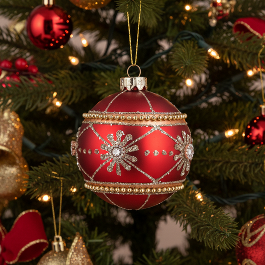A red Christmas bauble ornament with silver glitter patterns and rhinestone snowflake details, hanging on a decorated Christmas tree with warm lights.