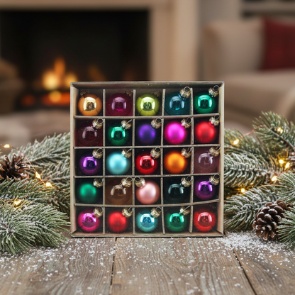 A boxed set of 25 colourful Christmas ornament balls arranged in a grid, displayed on a rustic wooden surface with pine branches, pinecones, and warm string lights in the foreground, and a softly blurred fireplace and living room background.
