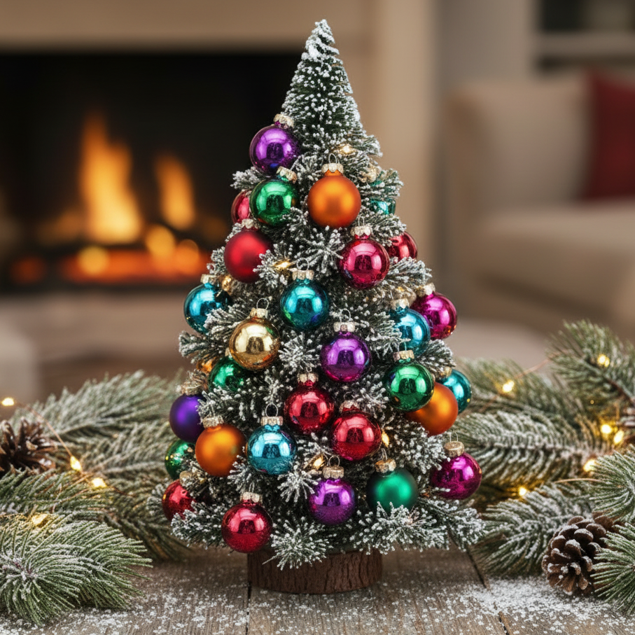A small flocked Christmas tree decorated with colourful metallic and glossy ornaments, placed on a wooden surface with pine branches, pinecones, and warm string lights in a cosy living room setting with a blurred fireplace in the background.