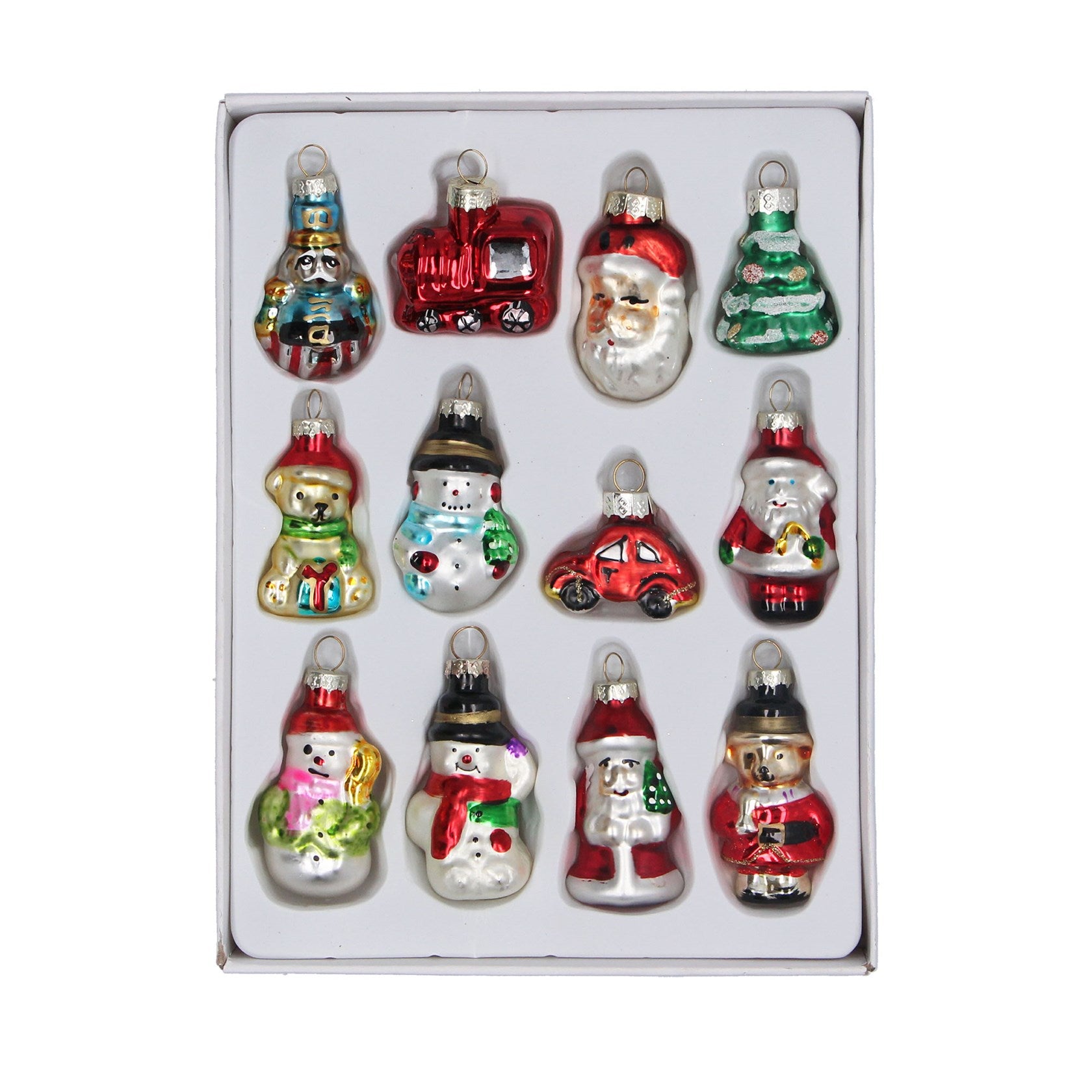 A set of 12 Christmas mini glass ornaments in a white gift box, featuring various holiday designs including snowmen, Santa Claus, snow globes, and a Christmas tree.