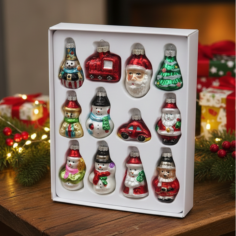 A white box containing 12 small glass Christmas ornaments shaped like snowmen, Santa Claus, and holiday vehicles, displayed on a wooden table with festive decorations in the background.