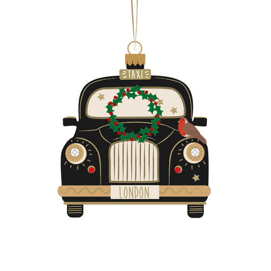 Glass London Black Taxi Christmas Hanging Decoration