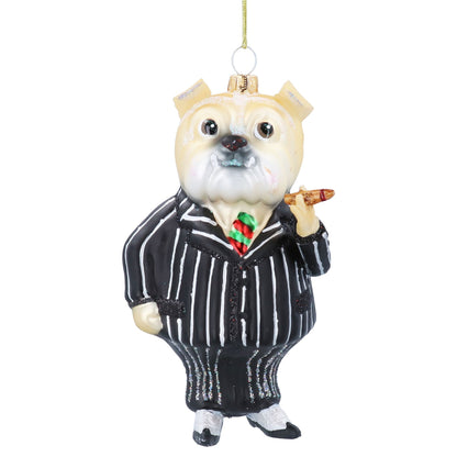 A decorative hanging ornament shaped like a bulldog dressed as Winston Churchill, holding a cigar, on a plain white background.