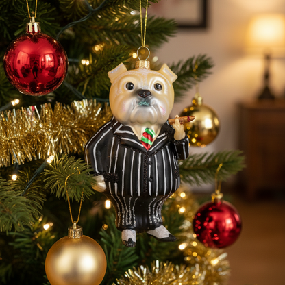 A Christmas ornament shaped like a bulldog dressed in a black pinstripe suit with a red and green striped tie, hanging on a decorated Christmas tree with red and gold ornaments.