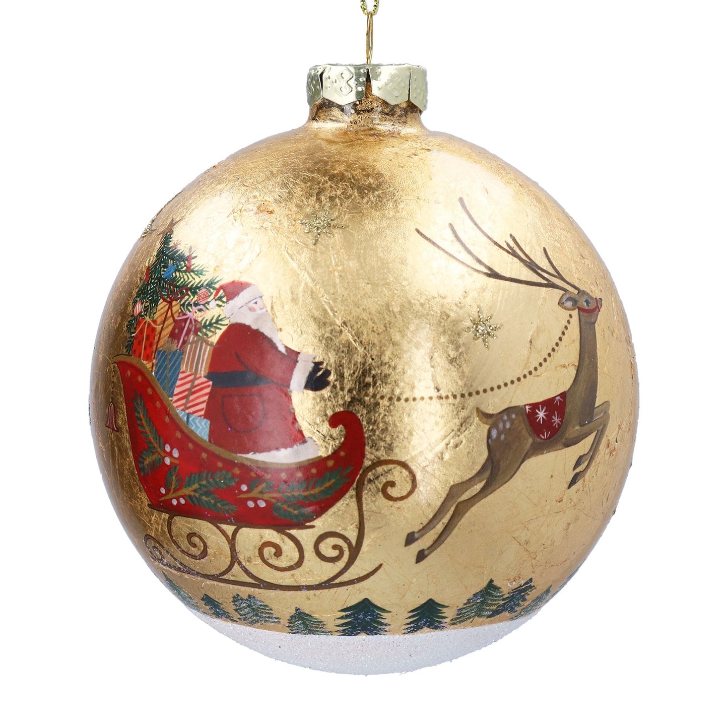 Gold Foil glass Christmas bauble with Santa Claus and reindeer design on a white background