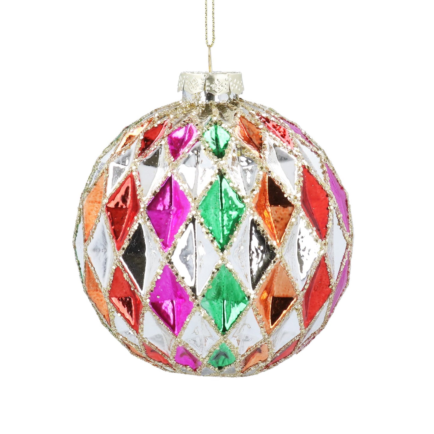 A spherical Christmas ornament with a diamond-patterned design made of reflective, colorful glass tiles in pink, green, orange, red, black, and silver, hanging from a gold string against a white background.