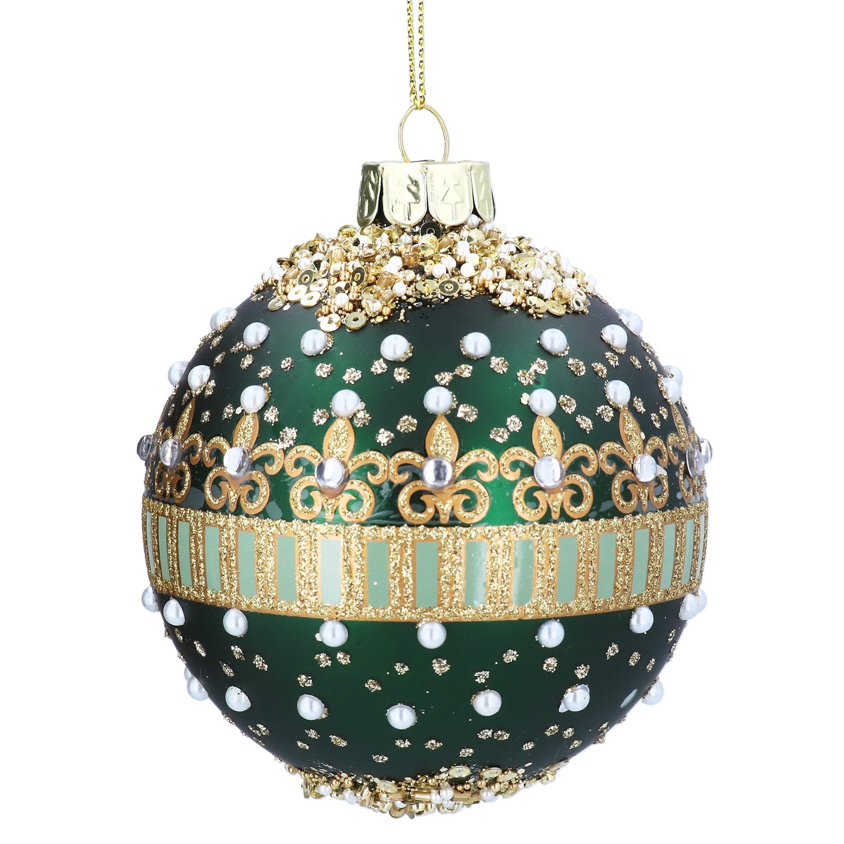 A green glass Christmas ornament decorated with gold metallic patterns, faux pearls, and rhinestones, hanging from a gold string against a white background.