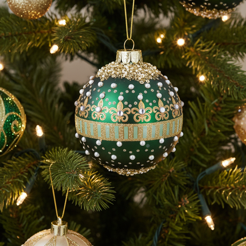 An ornate green Christmas tree ornament with gold filigree, white pearl-like beads, and a gold crown design, hanging on a decorated Christmas tree with warm lights.
