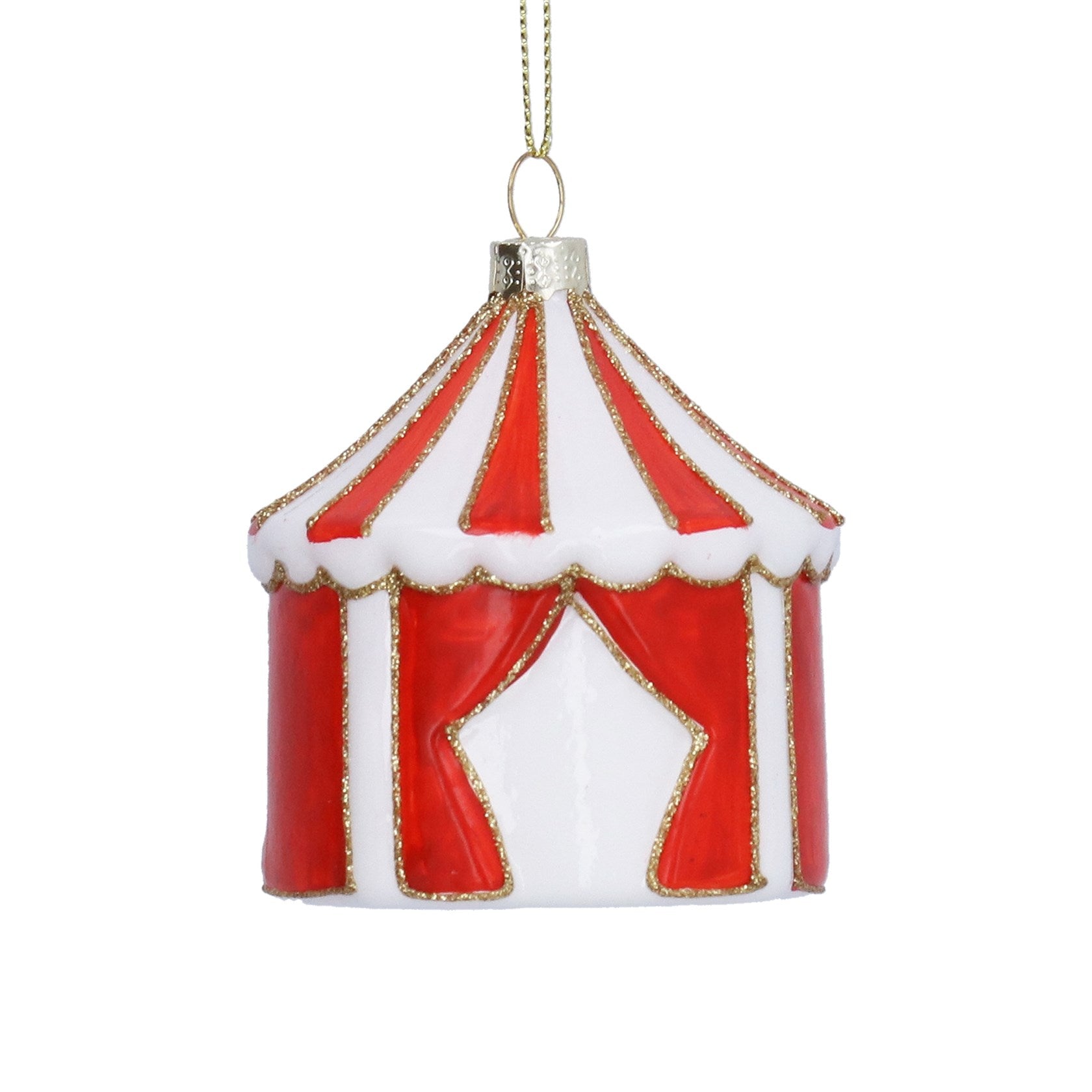 A red and white circus tent Christmas ornament with gold glitter trim and a gold hanging loop, shown against a plain white background.