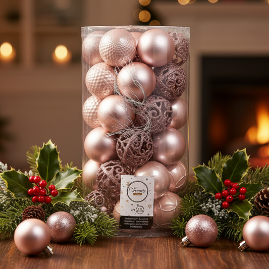 A clear cylindrical container filled with rose gold and dusty pink Christmas ornaments, displayed on a wooden surface with holly, pinecones, and red berries in a warm, blurred holiday interior setting.