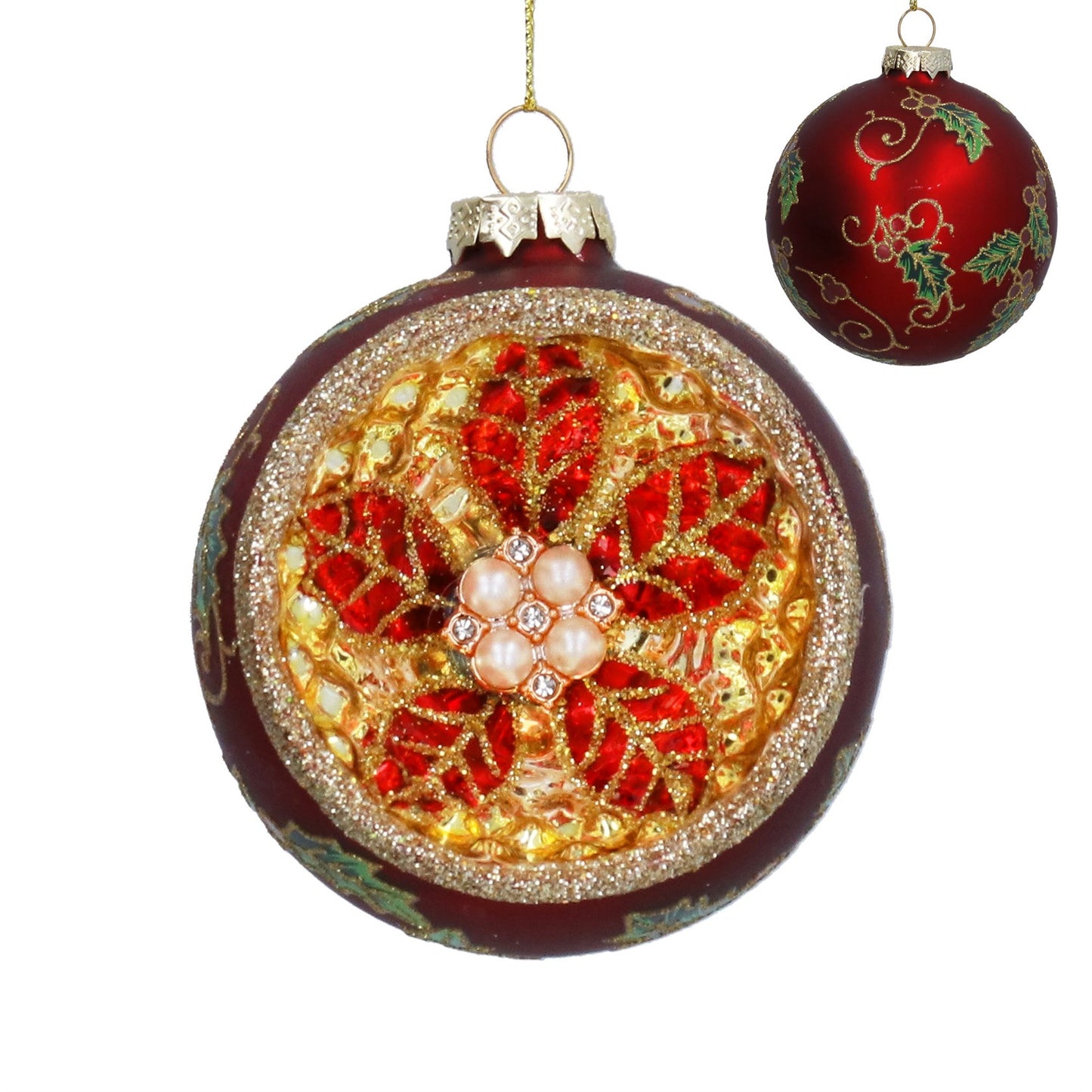 Decorative Christmas glass bauble ornament with floral design on a white background