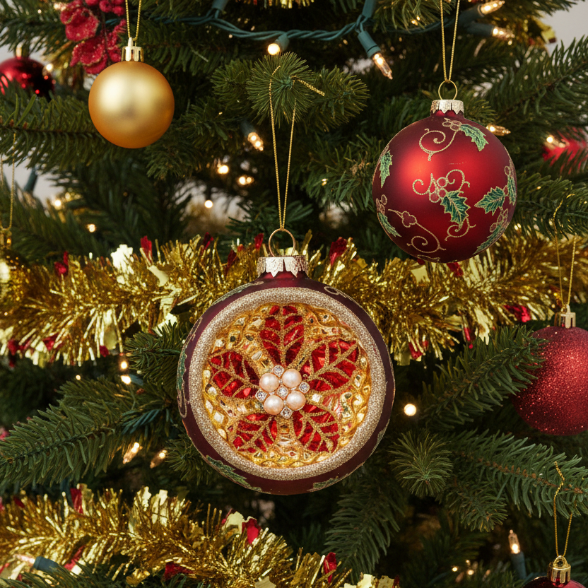 A close-up of a decorated Christmas tree with three ornate hanging ornaments: a large round burgundy ornament with a gold floral filigree center and red leaf motif, a smaller red ornament with gold scrollwork and holly, and a matte gold ornament, all among green tree branches and gold tinsel.