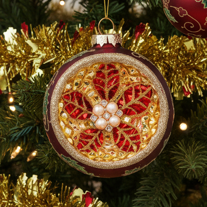Red and Gold Ornate Vintage Style Glass Christmas Bauble