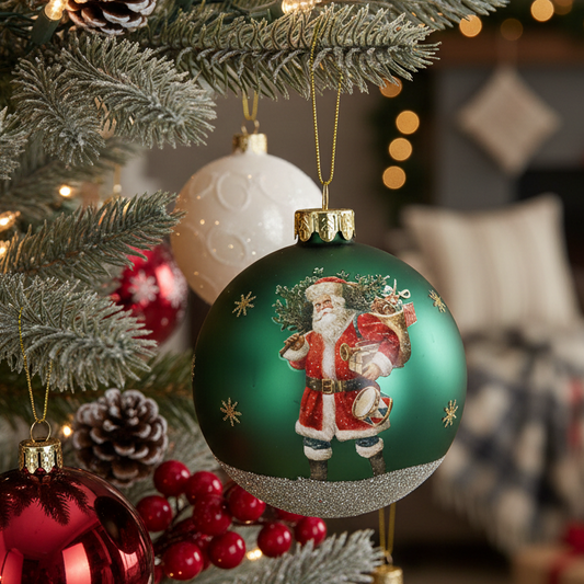 Green Nostalgia Santa Glass Christmas Tree Bauble 8cm