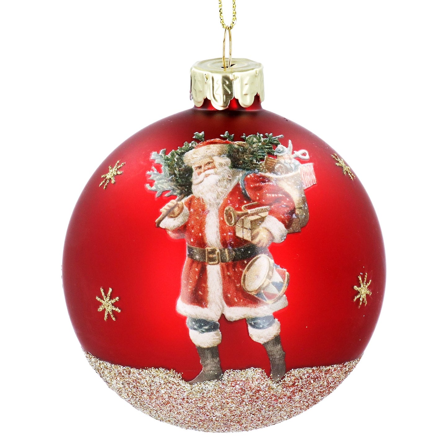A red Christmas glass ornament featuring a detailed illustration of Santa Claus carrying a green wreath and gift boxes, with gold snowflake accents and a glittery gold base, shown on a white background.
