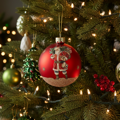 A red Christmas ornament featuring an illustrated Santa Claus carrying a sack of gifts, hanging on a decorated Christmas tree with warm lights.
