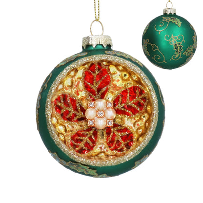Decorative Christmas ball ornament with red floral design on a white background
