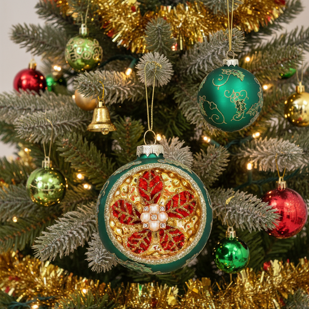 A close-up of a decorated Christmas tree with a large ornate green and gold bauble ornament in the center, surrounded by smaller red, green, and gold ornaments and warm string lights.