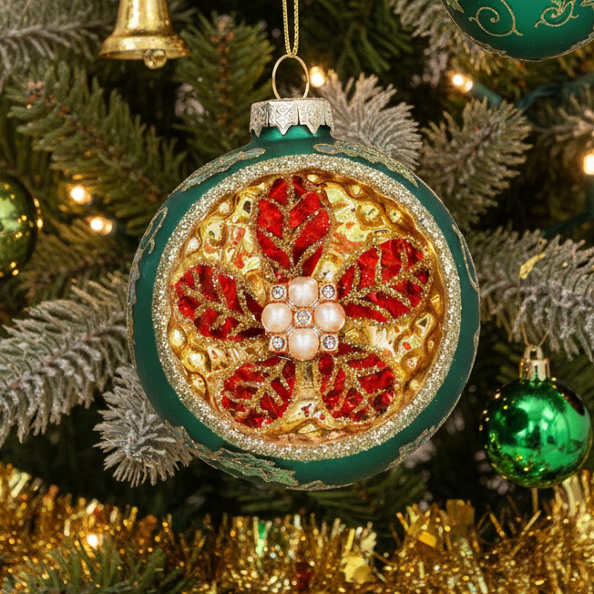 Green and Gold Ornate Glass Christmas Bauble