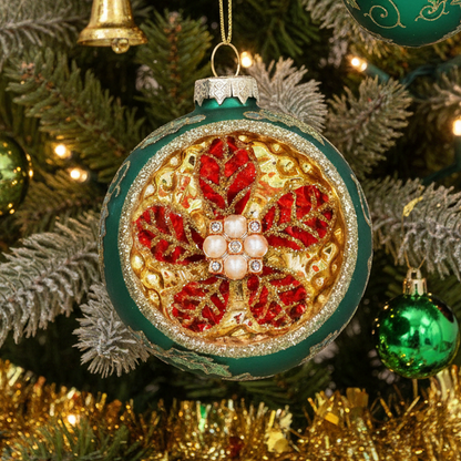 Green and Gold Ornate Glass Christmas Bauble