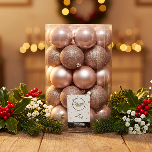 A clear cylindrical container filled with metallic blush pink Christmas ornaments, displayed on a wooden table with festive greenery, holly, and red berries. The background shows a softly blurred holiday scene with warm lights and a decorated tree.