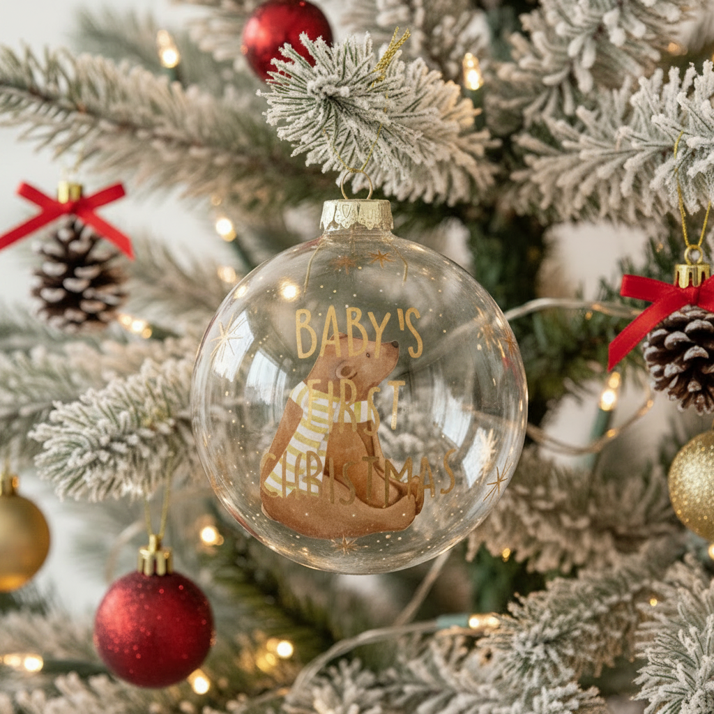A clear round Christmas ornament hanging on a frosted Christmas tree, featuring a brown teddy bear in a striped sweater and gold lettering that reads 'BABY'S KEEPER CHRISTMAS'.