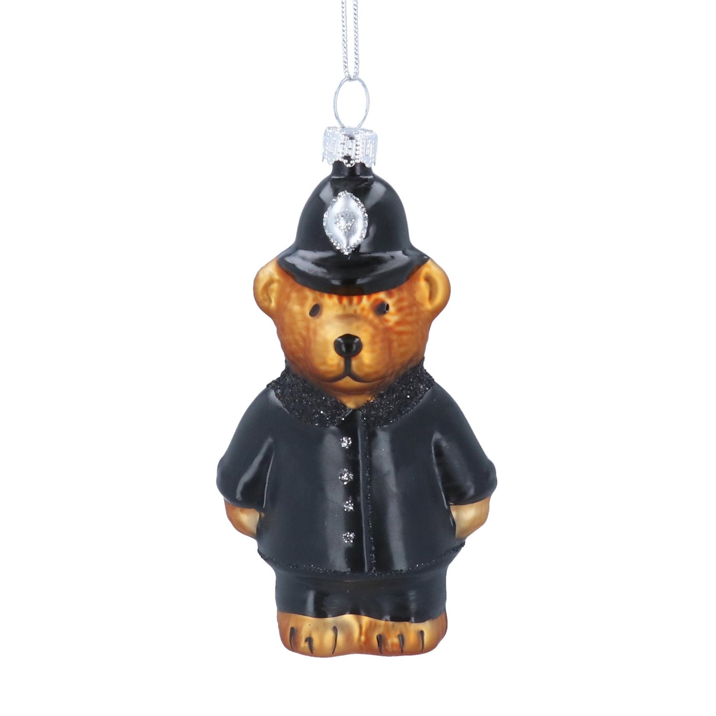 Bear ornament wearing a black uniform and helmet on a white background
