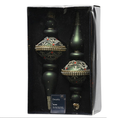 Set of 2 Green Ornate Finial Glass Christmas Decoration