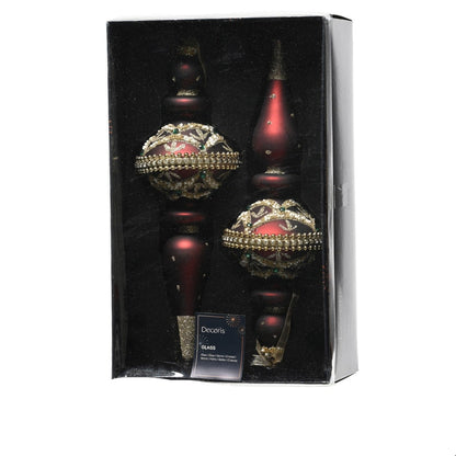 Set of 2 Oxblood Red Ornate Finial Glass Christmas Decoration