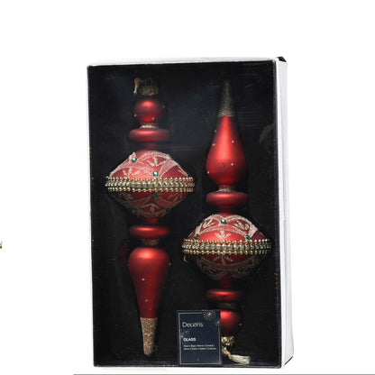 Set of 2 Christmas Red Ornate Finial Glass Christmas Decoration