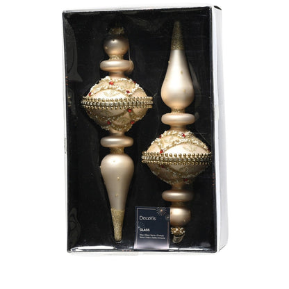 Set of 2 Champagne Gold Ornate Finial Glass Christmas Decoration