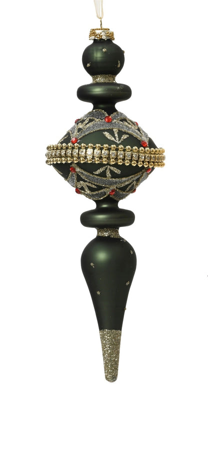 Set of 2 Green Ornate Finial Glass Christmas Decoration
