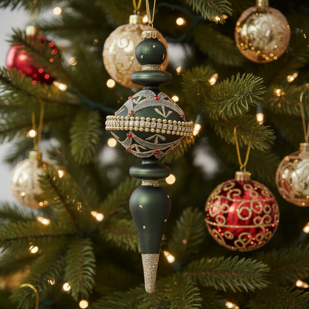 Set of 2 Green Ornate Finial Glass Christmas Decoration