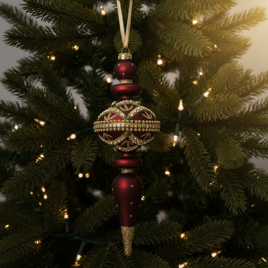Set of 2 Oxblood Red Ornate Finial Glass Christmas Decoration