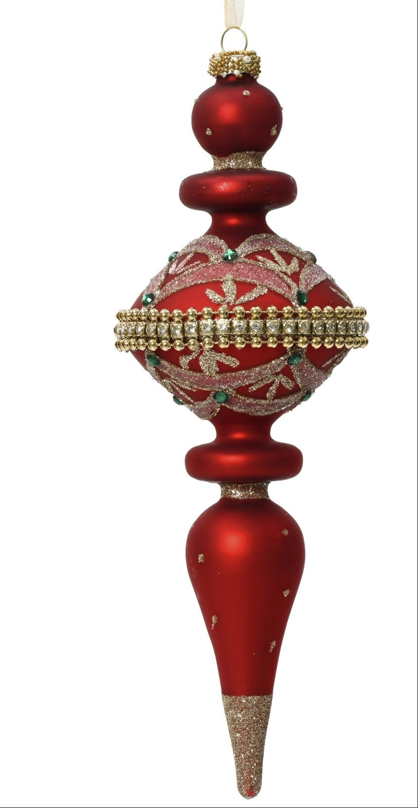 Set of 2 Christmas Red Ornate Finial Glass Christmas Decoration