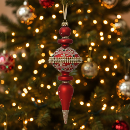 Set of 2 Christmas Red Ornate Finial Glass Christmas Decoration
